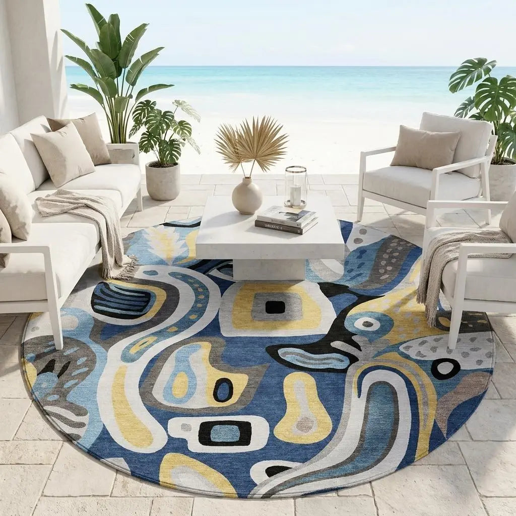 8' Blue And Navy Blue Round Abstract Washable Indoor Outdoor Area Rug Homeroots Outdoor