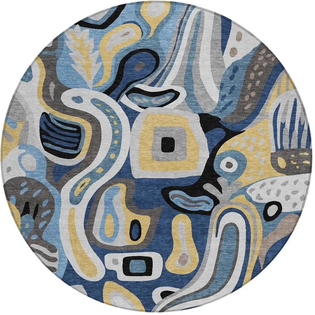 8' Blue And Navy Blue Round Abstract Washable Indoor Outdoor Area Rug Homeroots Outdoor