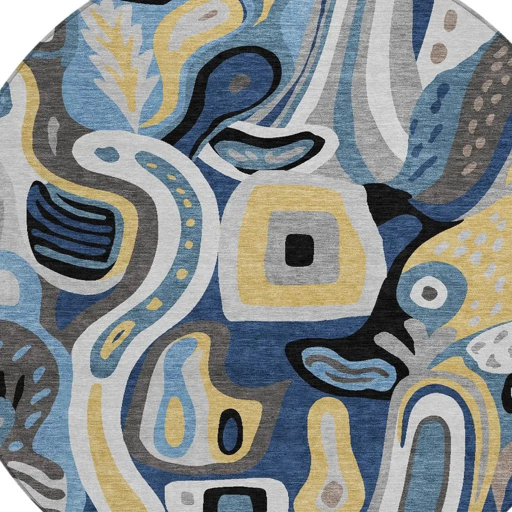8' Blue And Navy Blue Round Abstract Washable Indoor Outdoor Area Rug Homeroots Outdoor