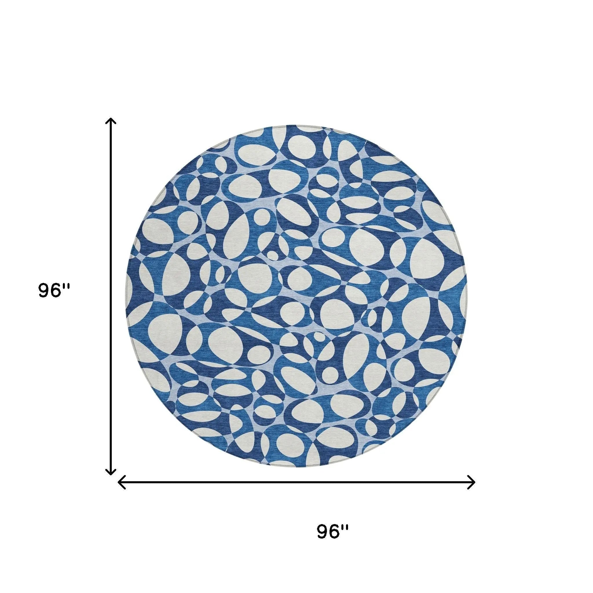 Round blue and white patterned area rug, 96 inches, textured cotton fabric, modern abstract design.