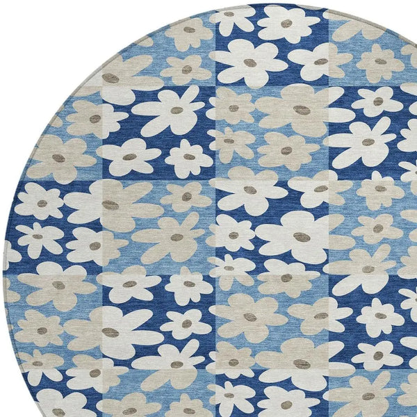 8' Blue And Navy Blue Round Floral Washable Indoor Outdoor Area Rug Homeroots Outdoor