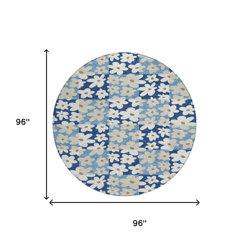 8' Blue And Navy Blue Round Floral Washable Indoor Outdoor Area Rug Homeroots Outdoor