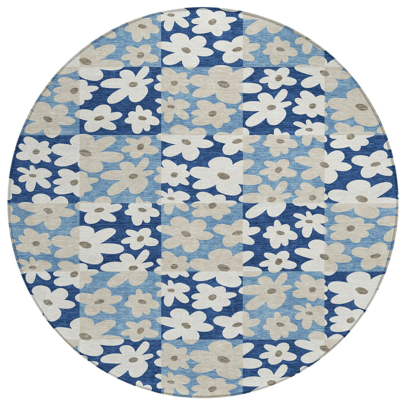 8' Blue And Navy Blue Round Floral Washable Indoor Outdoor Area Rug Homeroots Outdoor