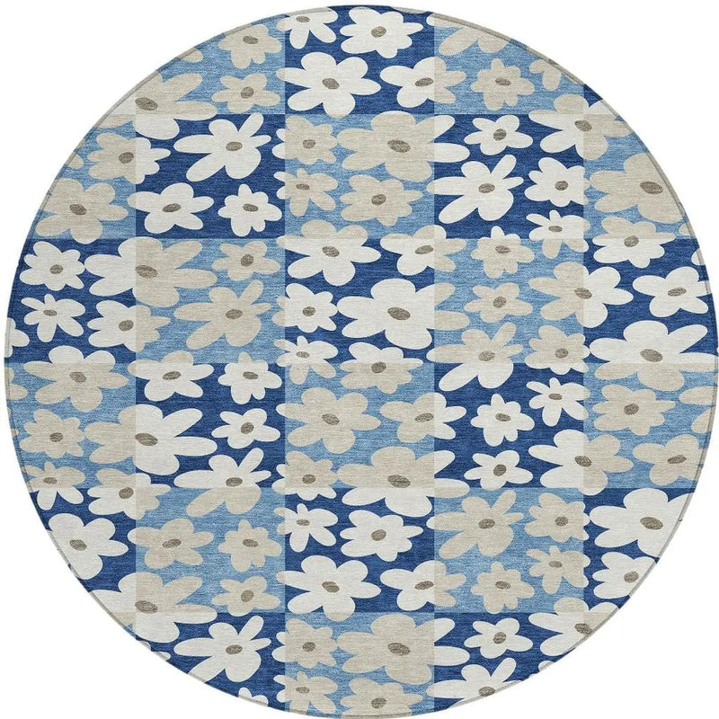 8' Blue And Navy Blue Round Floral Washable Indoor Outdoor Area Rug Homeroots Outdoor