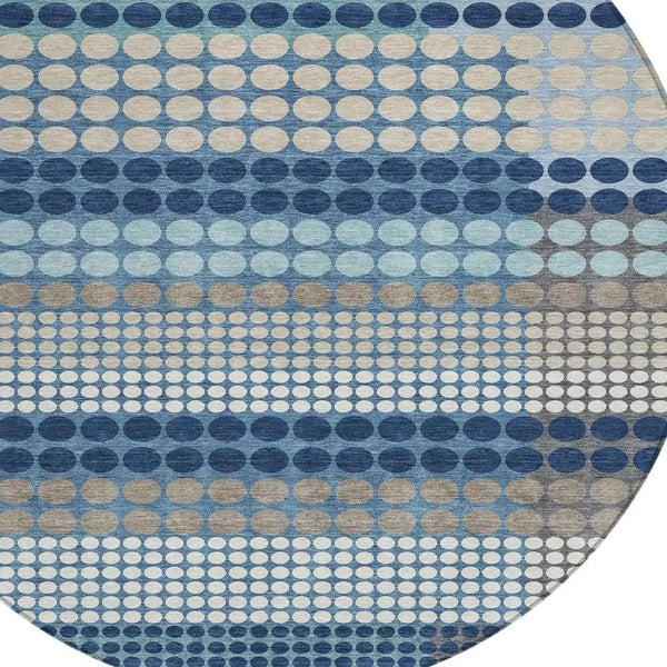 8' Blue And Navy Blue Round Geometric Washable Indoor Outdoor Area Rug Homeroots Outdoor