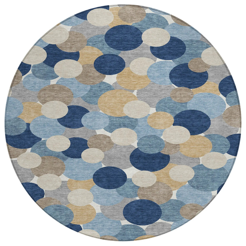 8' Blue And Navy Blue Round Geometric Washable Indoor Outdoor Area Rug Homeroots Outdoor