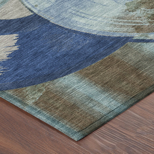 8' Blue And Navy Blue Round Geometric Washable Indoor Outdoor Area Rug Homeroots Outdoor