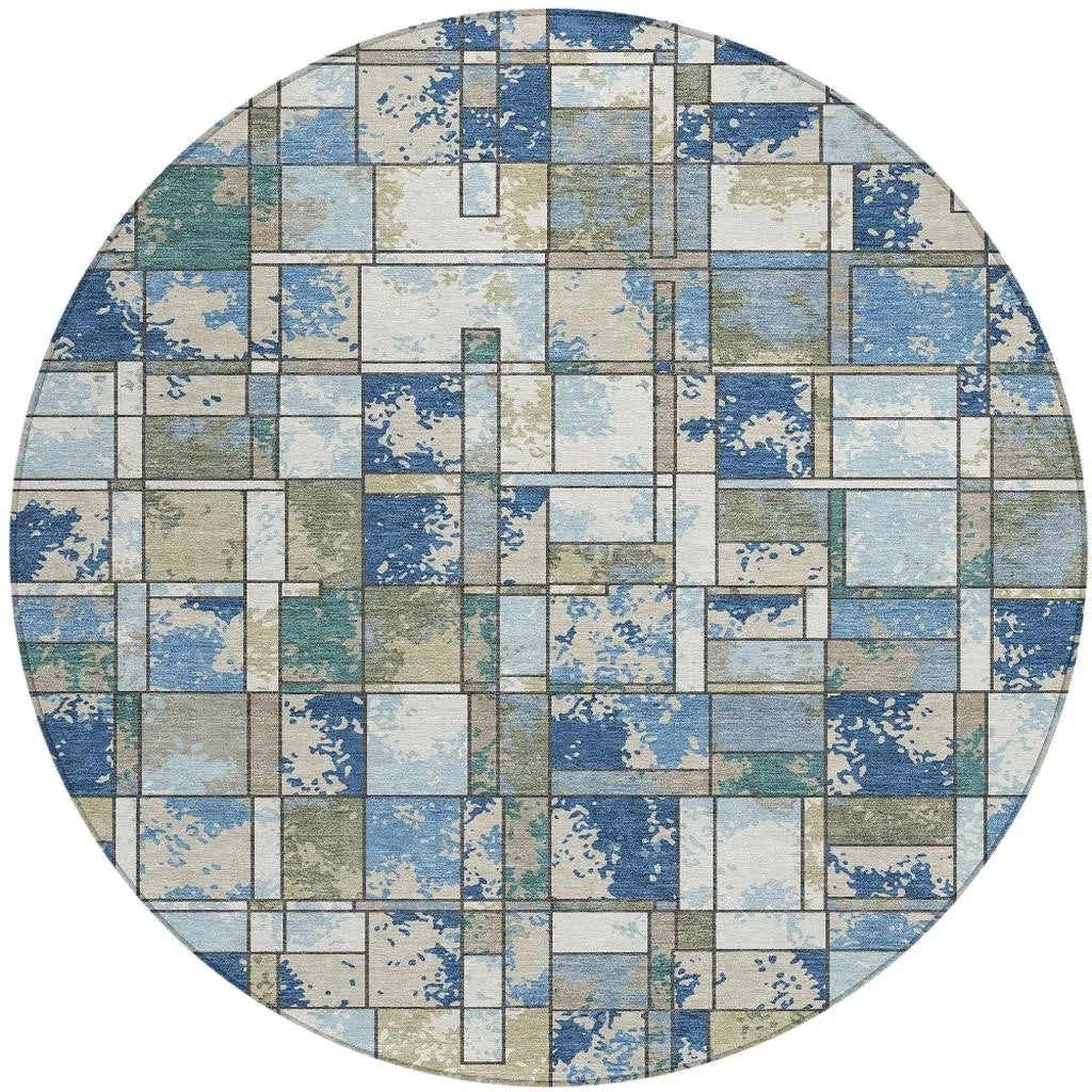 8' Blue And Navy Blue Round Geometric Washable Indoor Outdoor Area Rug Homeroots Outdoor