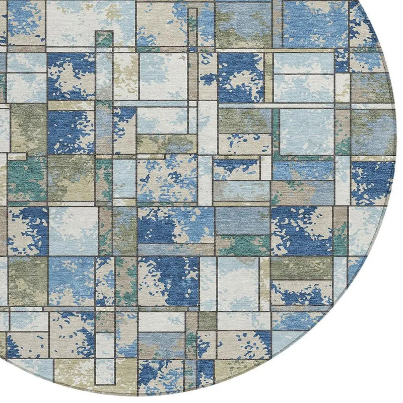 8' Blue And Navy Blue Round Geometric Washable Indoor Outdoor Area Rug Homeroots Outdoor