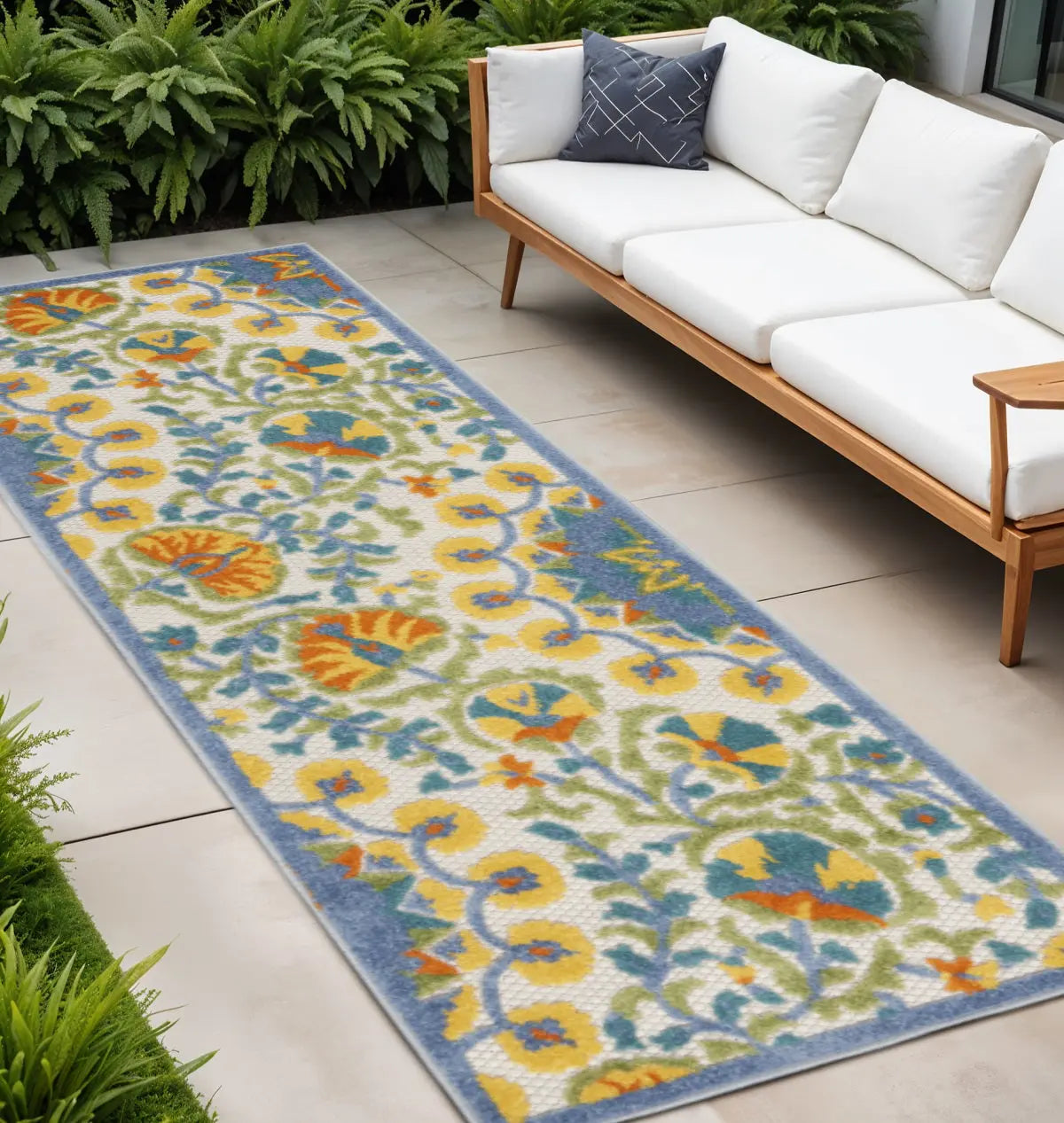 8' Blue And Orange Indoor Outdoor Runner Rug - GreatEagleInc