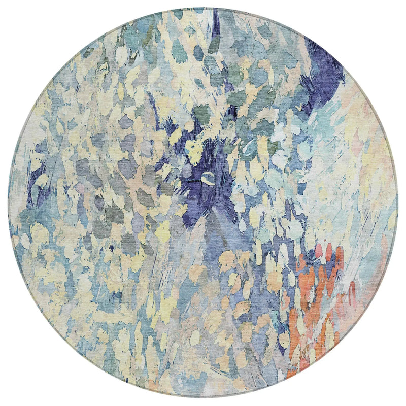 8' Blue And Pewter Round Abstract Washable Indoor Outdoor Area Rug Homeroots Outdoor