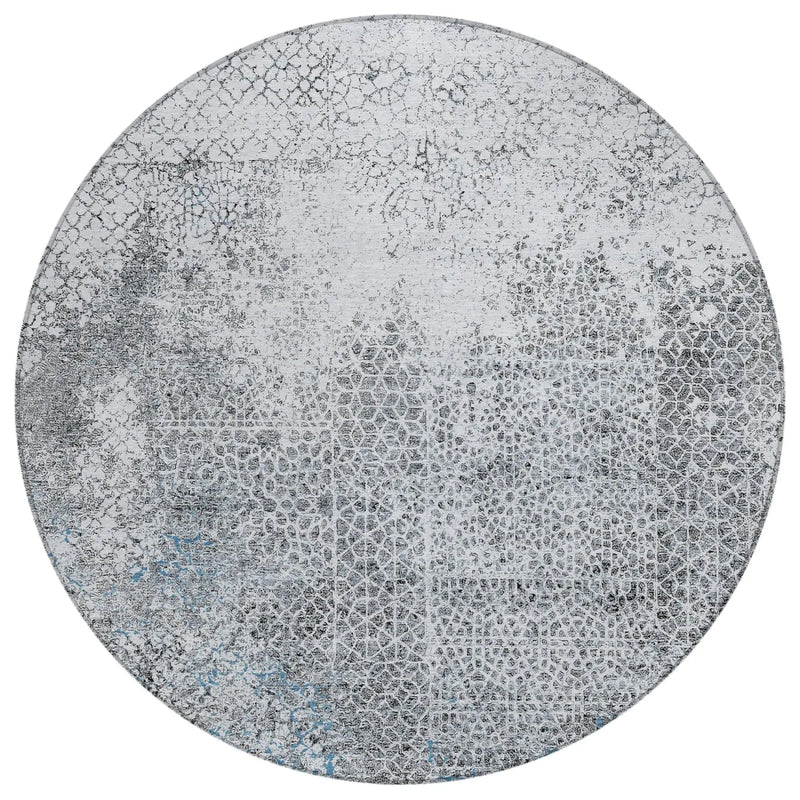8' Blue And Pewter Round Abstract Washable Indoor Outdoor Area Rug Homeroots Outdoor
