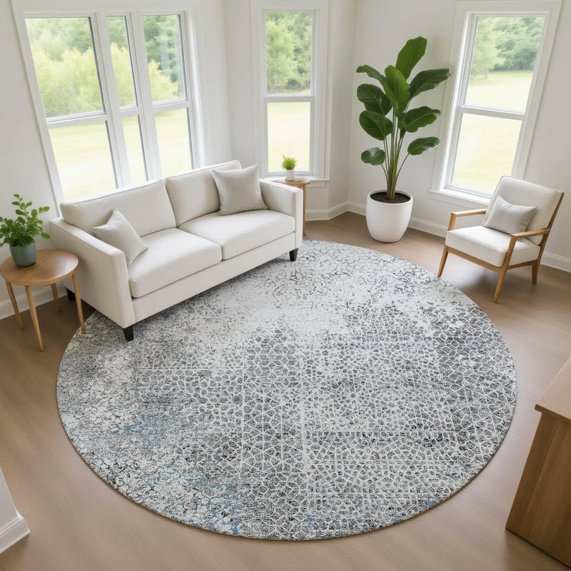 8' Blue And Pewter Round Abstract Washable Indoor Outdoor Area Rug Homeroots Outdoor