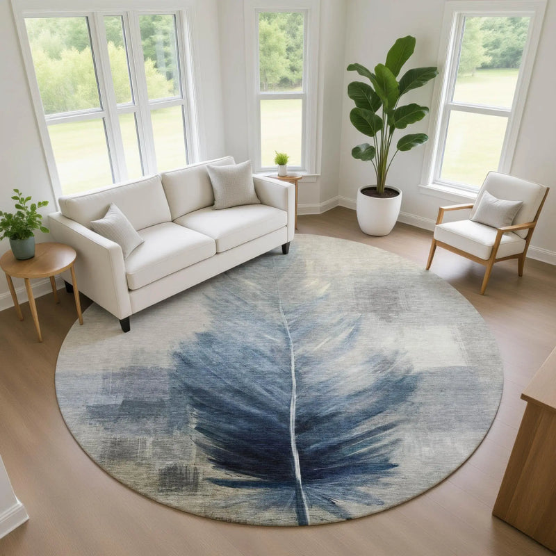 8' Blue And Pewter Round Botanical Leaves Washable Indoor Outdoor Area Rug Homeroots Outdoor