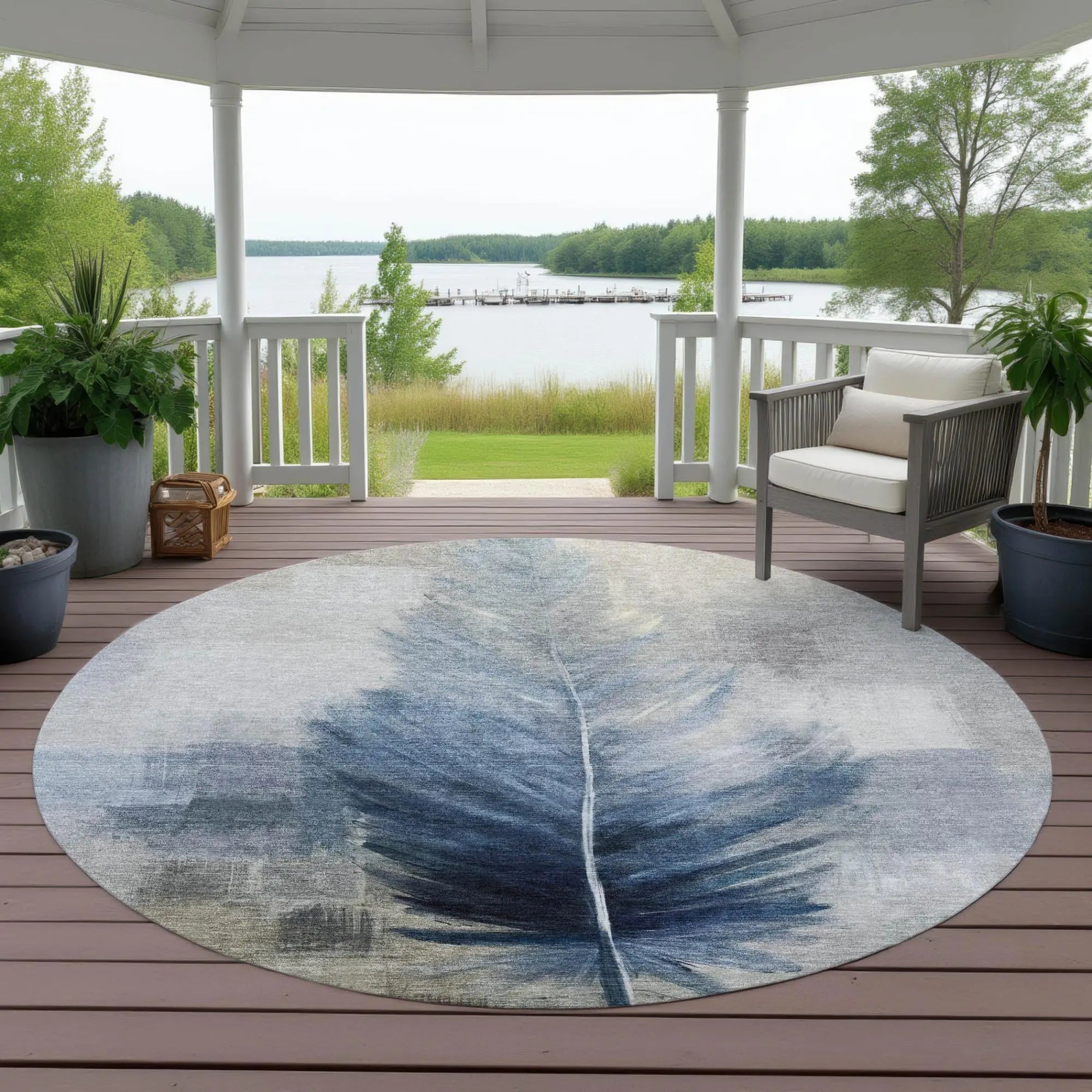 8' Blue And Pewter Round Botanical Leaves Washable Indoor Outdoor Area Rug Homeroots Outdoor
