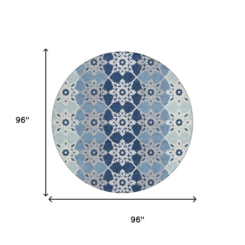 8' Blue And Pewter Round Floral Medallion Washable Indoor Outdoor Area Rug Homeroots Outdoor