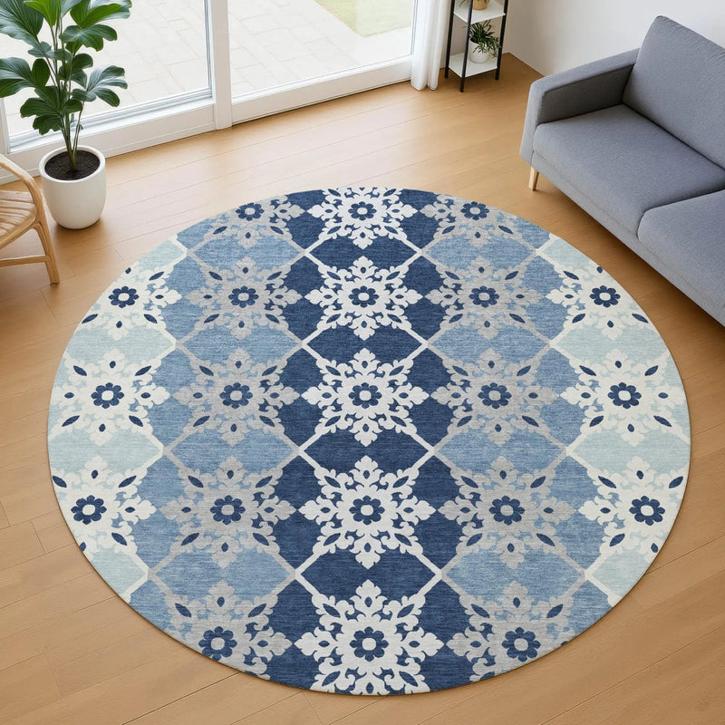 8' Blue And Pewter Round Floral Medallion Washable Indoor Outdoor Area Rug Homeroots Outdoor