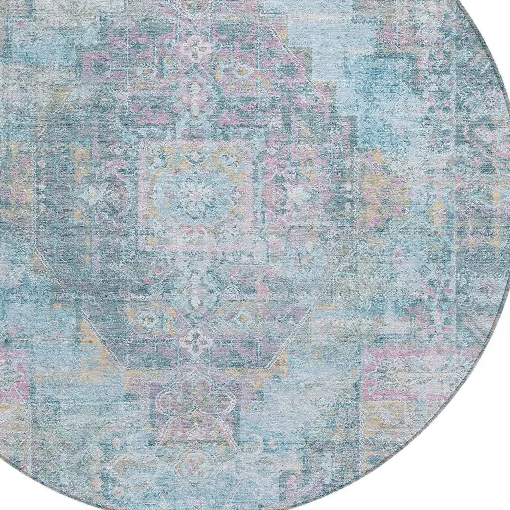 8' Blue And Pink Round Medallion Washable Indoor Outdoor Area Rug Homeroots Outdoor