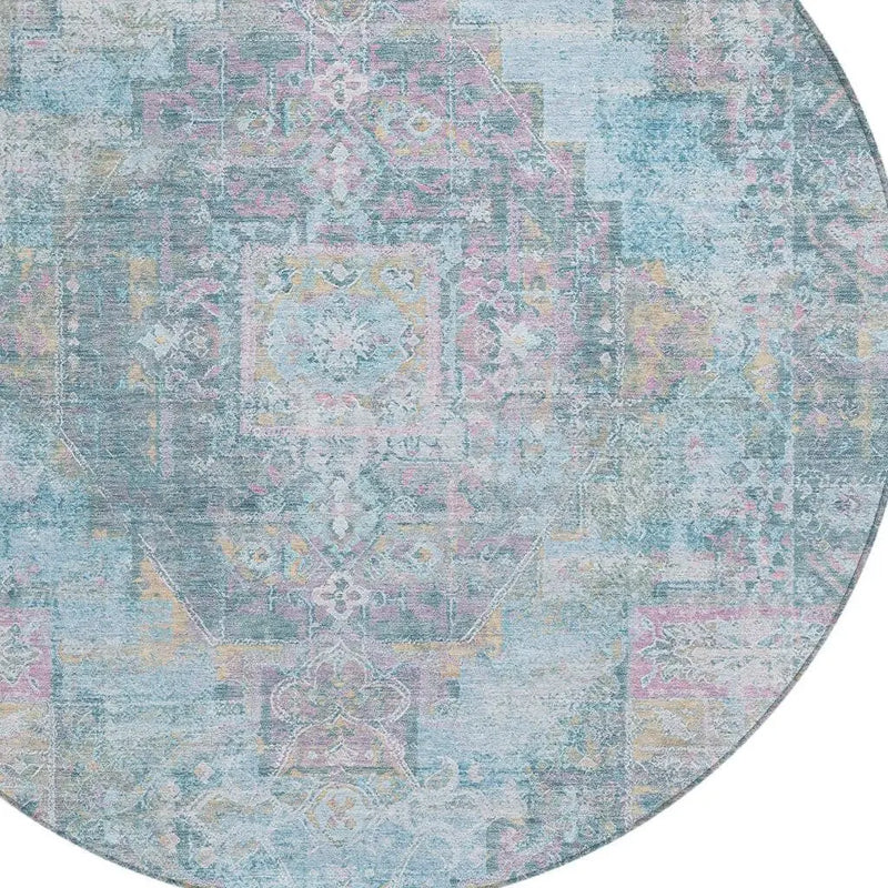 8' Blue And Pink Round Medallion Washable Indoor Outdoor Area Rug Homeroots Outdoor