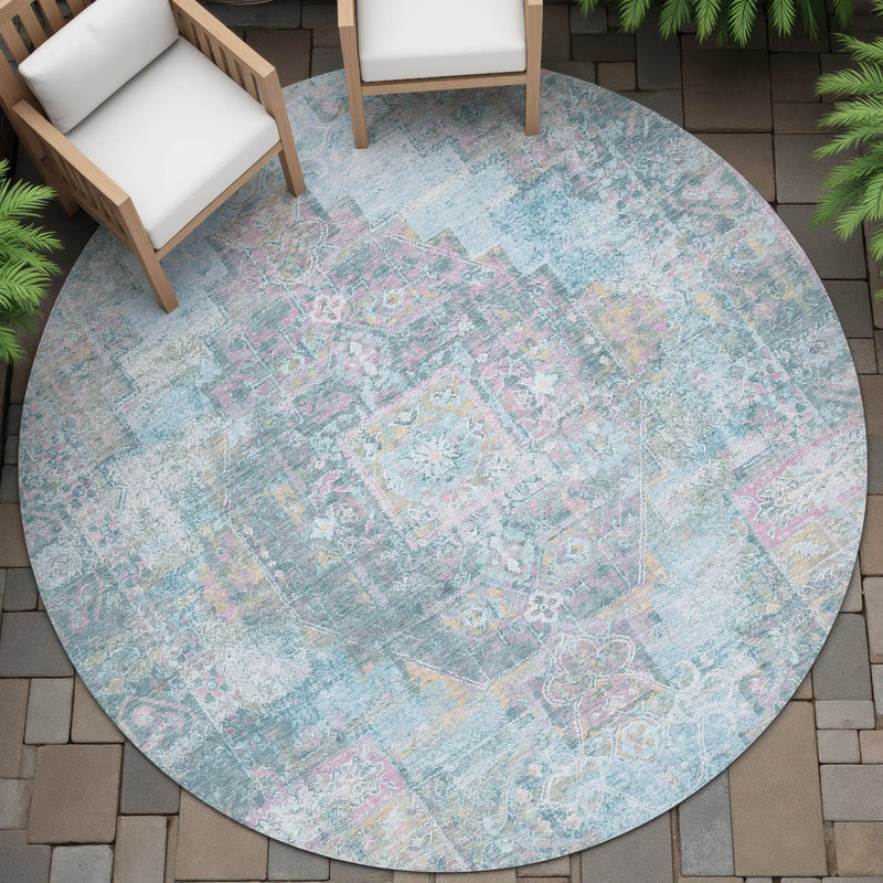 8' Blue And Pink Round Medallion Washable Indoor Outdoor Area Rug Homeroots Outdoor