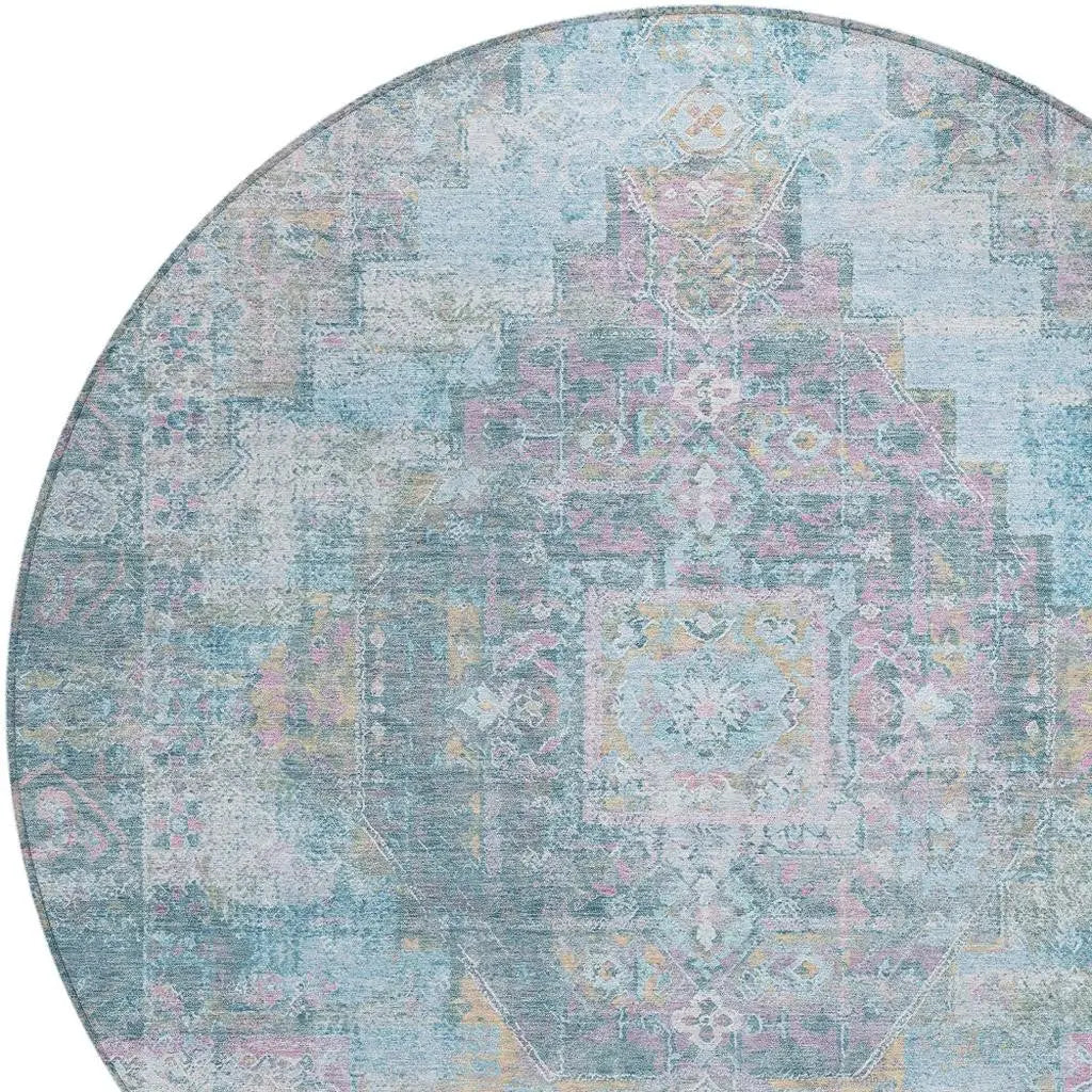 8' Blue And Pink Round Medallion Washable Indoor Outdoor Area Rug Homeroots Outdoor