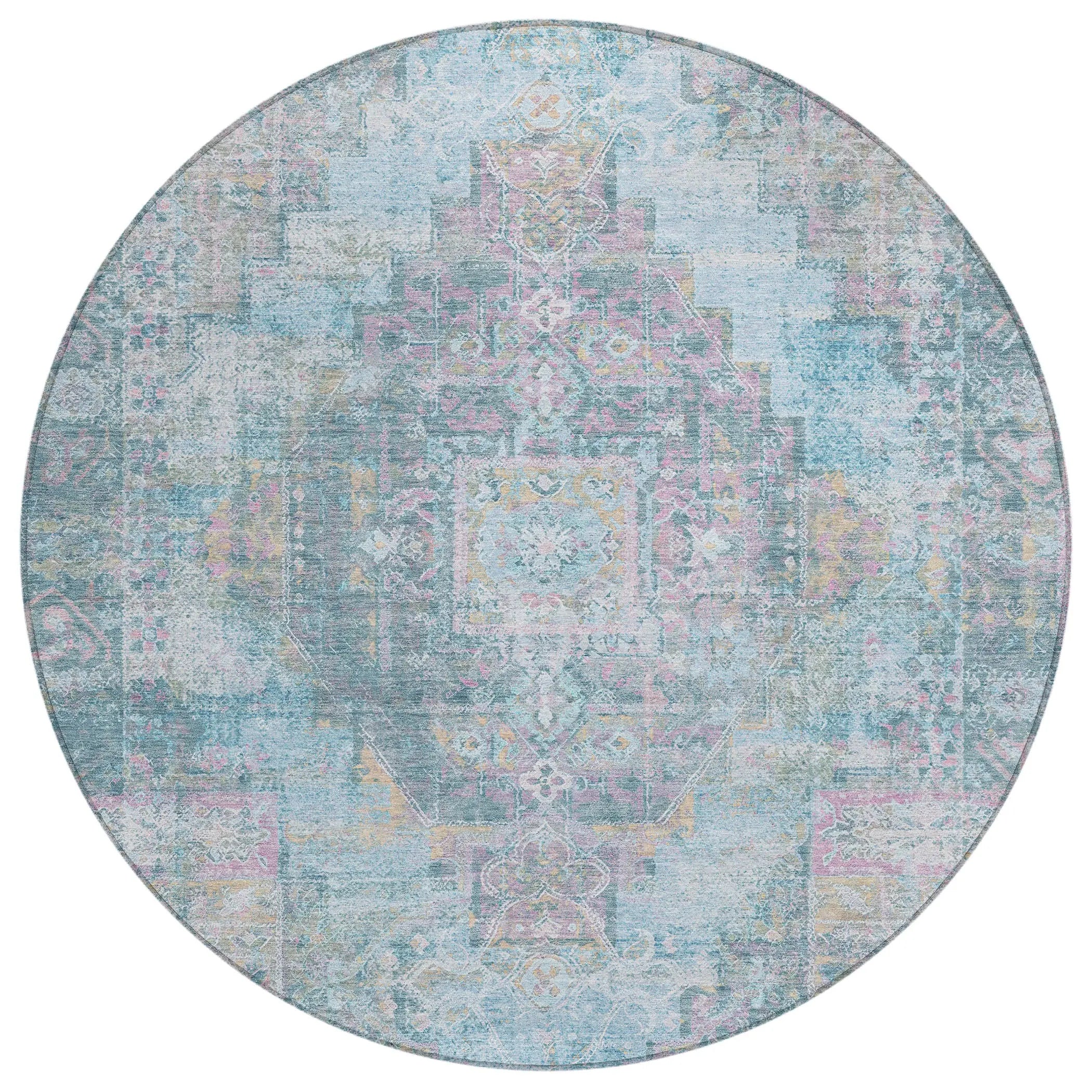 8' Blue And Pink Round Medallion Washable Indoor Outdoor Area Rug Homeroots Outdoor
