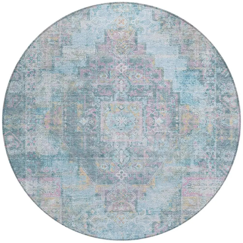 8' Blue And Pink Round Medallion Washable Indoor Outdoor Area Rug Homeroots Outdoor