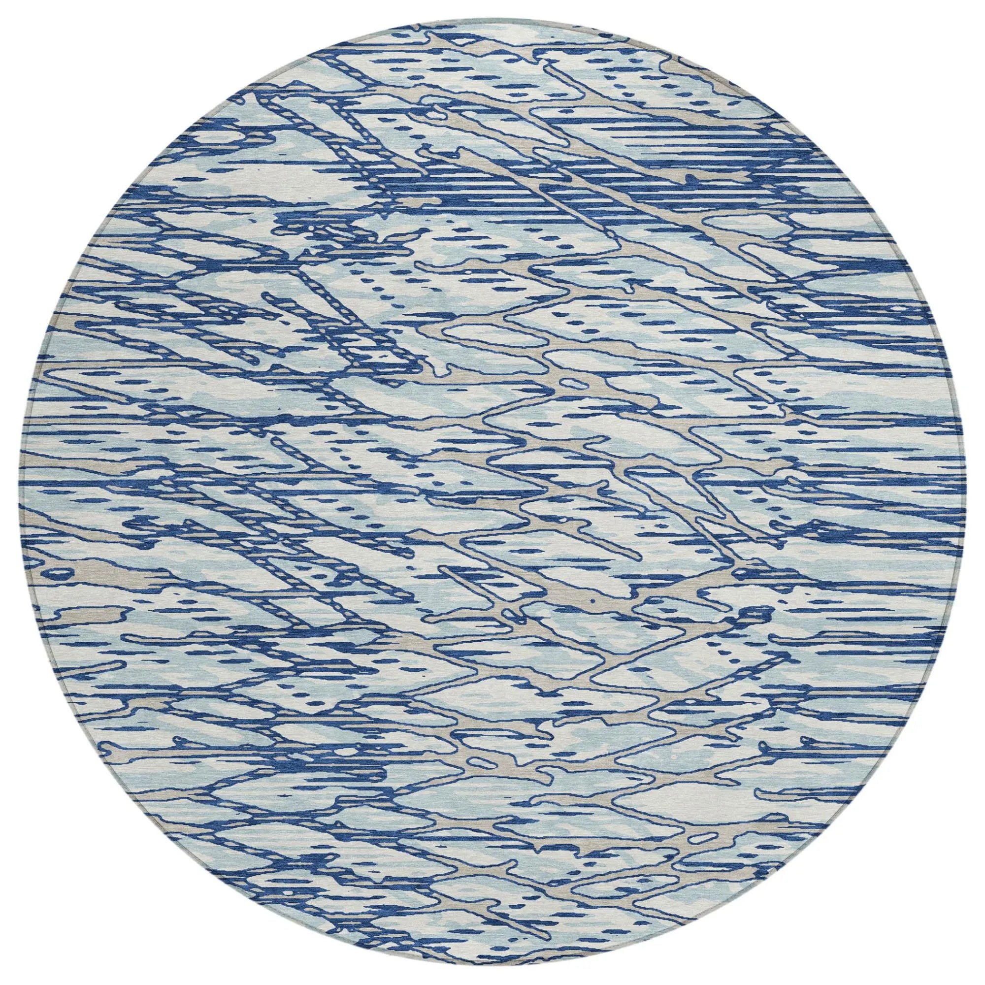 8' Blue And Silver Round Abstract Washable Indoor Outdoor Area Rug Homeroots Outdoor