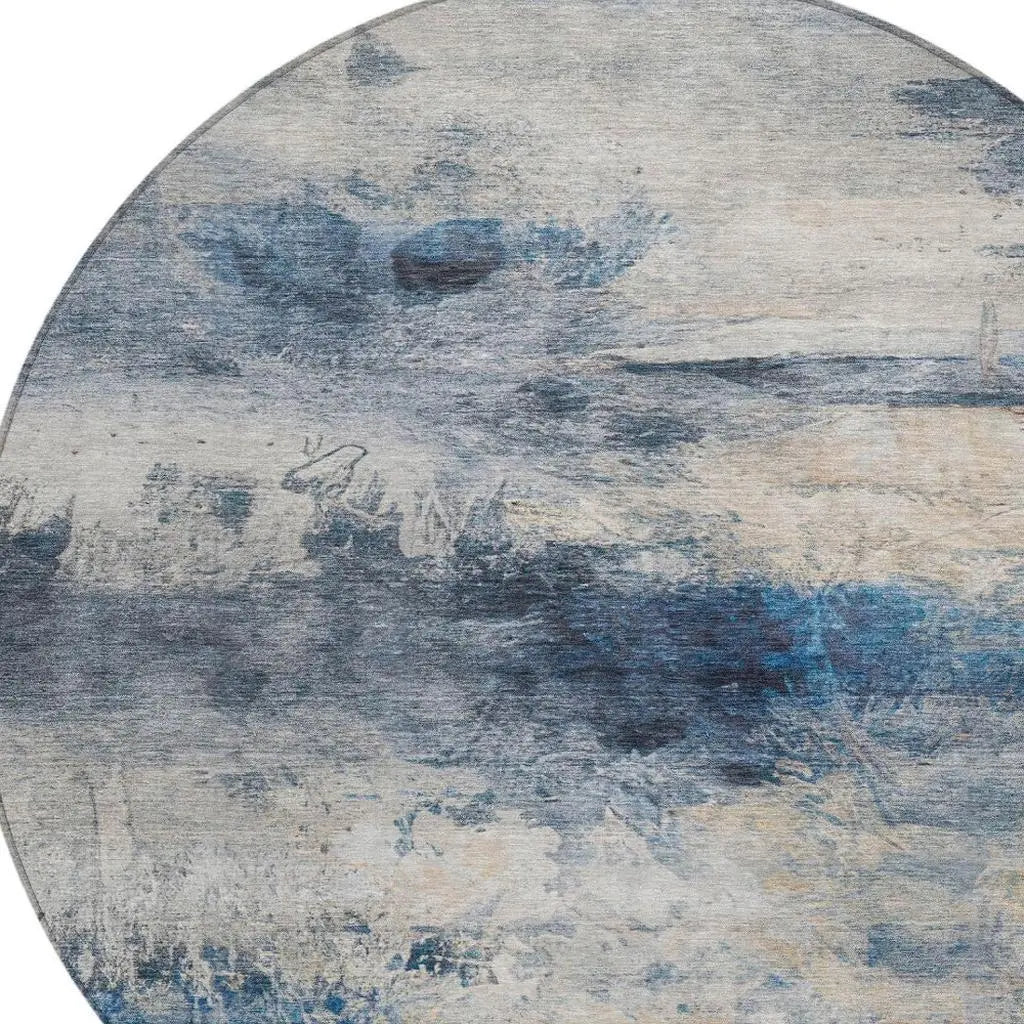 8' Blue And Silver Round Abstract Washable Indoor Outdoor Area Rug Homeroots Outdoor