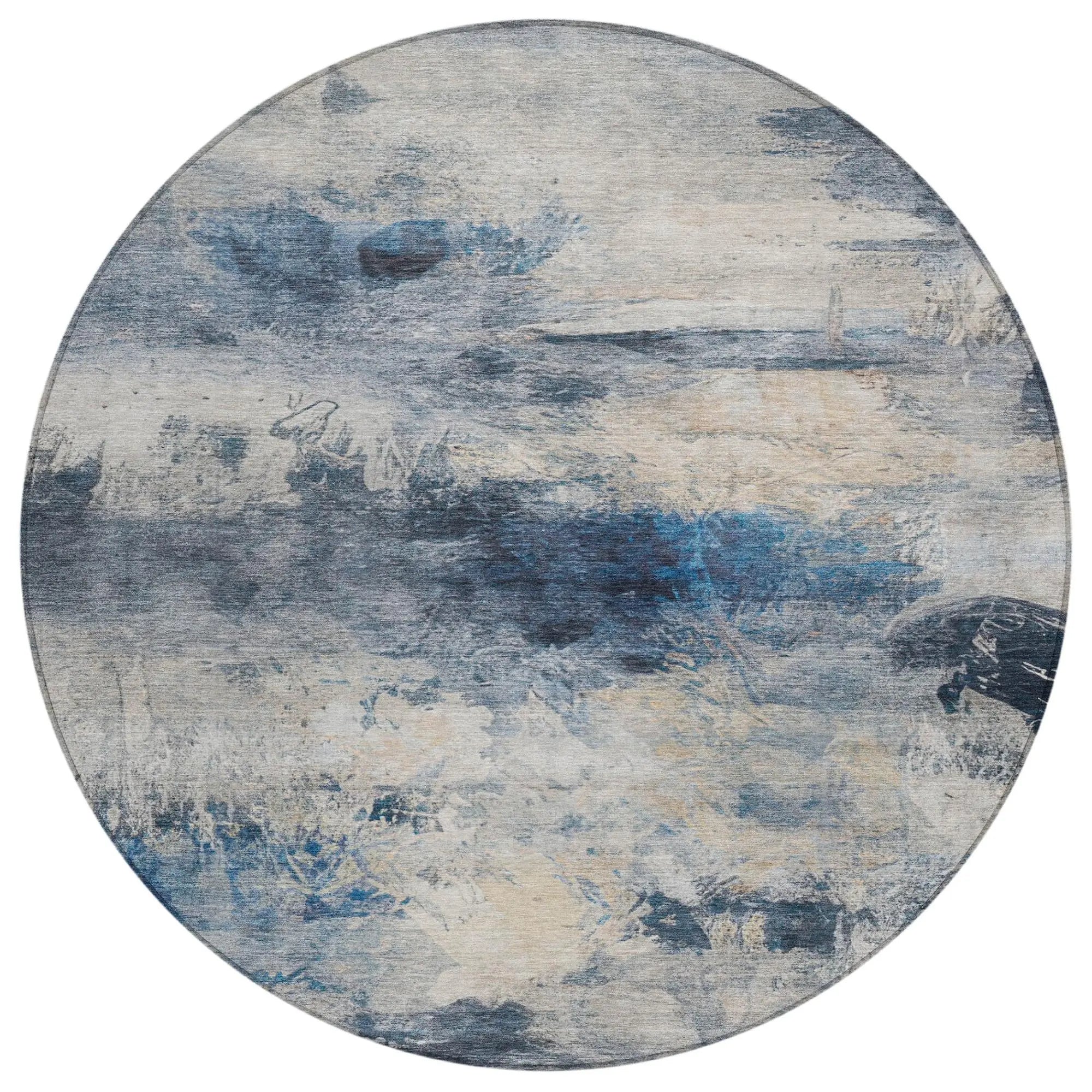 8' Blue And Silver Round Abstract Washable Indoor Outdoor Area Rug Homeroots Outdoor