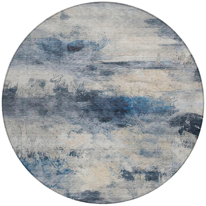 8' Blue And Silver Round Abstract Washable Indoor Outdoor Area Rug Homeroots Outdoor