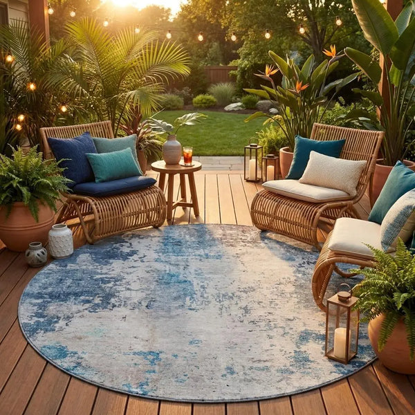 8' Blue And Silver Round Abstract Washable Indoor Outdoor Area Rug Homeroots Outdoor