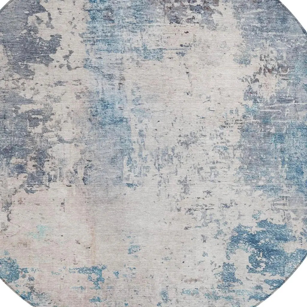 8' Blue And Silver Round Abstract Washable Indoor Outdoor Area Rug Homeroots Outdoor