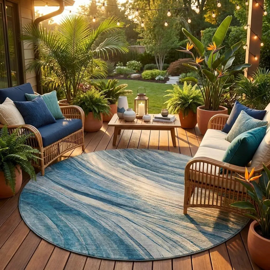 8' Blue And Silver Round Abstract Washable Indoor Outdoor Area Rug Homeroots Outdoor