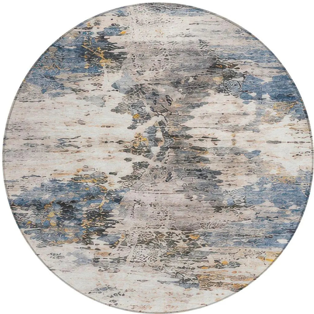 8' Blue And Silver Round Abstract Washable Indoor Outdoor Area Rug Homeroots Outdoor