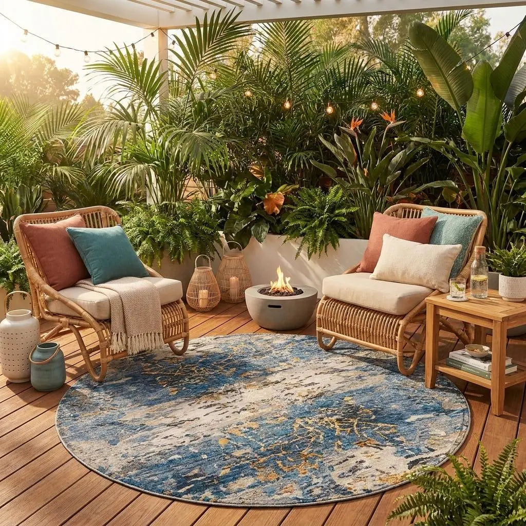 8' Blue And Silver Round Abstract Washable Indoor Outdoor Area Rug Homeroots Outdoor