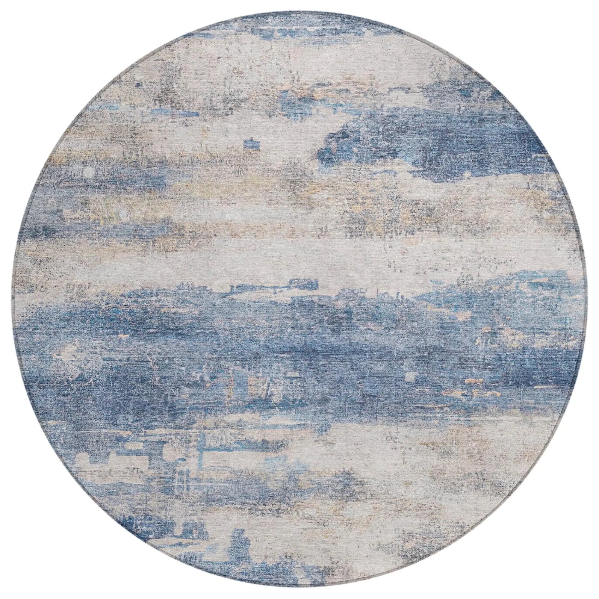 8' Blue And Silver Round Abstract Washable Indoor Outdoor Area Rug Homeroots Outdoor