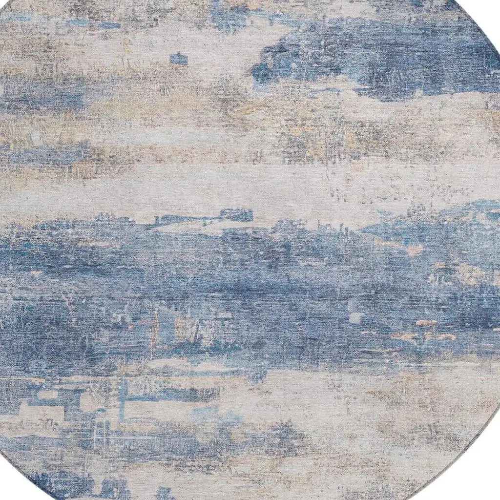 8' Blue And Silver Round Abstract Washable Indoor Outdoor Area Rug Homeroots Outdoor