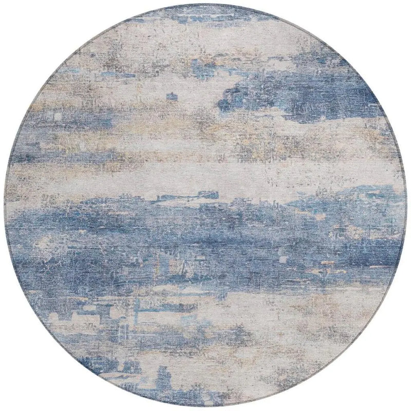 8' Blue And Silver Round Abstract Washable Indoor Outdoor Area Rug Homeroots Outdoor