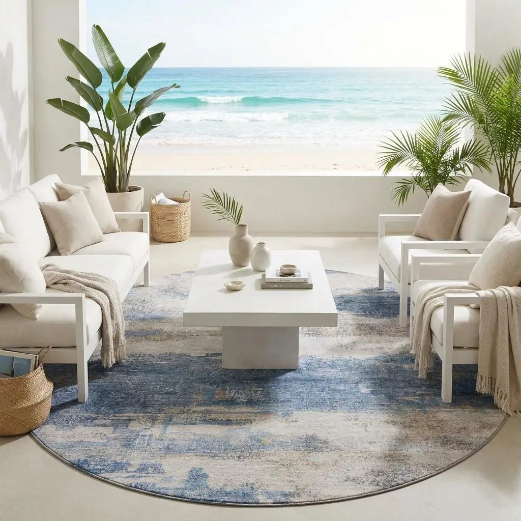 8' Blue And Silver Round Abstract Washable Indoor Outdoor Area Rug Homeroots Outdoor