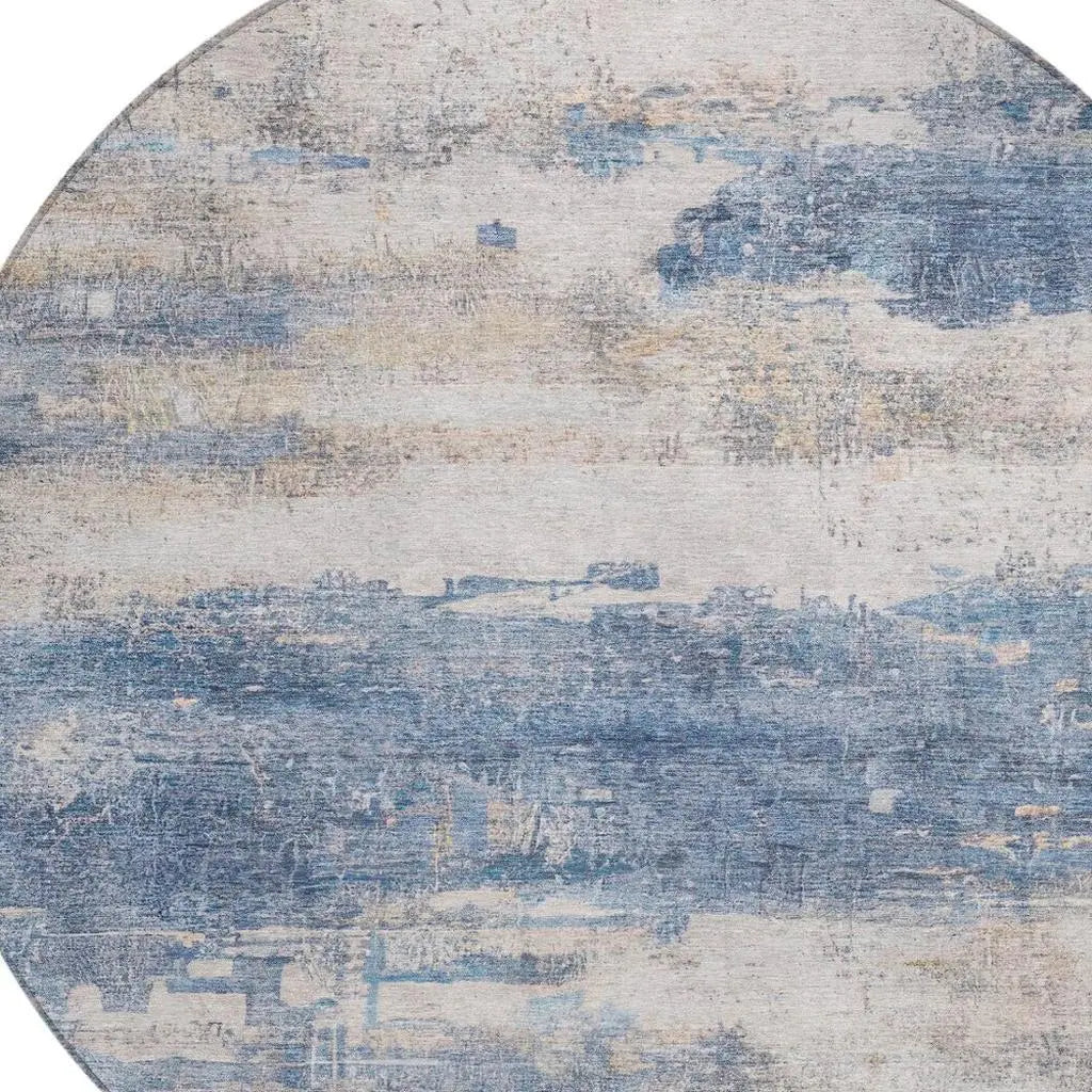 8' Blue And Silver Round Abstract Washable Indoor Outdoor Area Rug Homeroots Outdoor