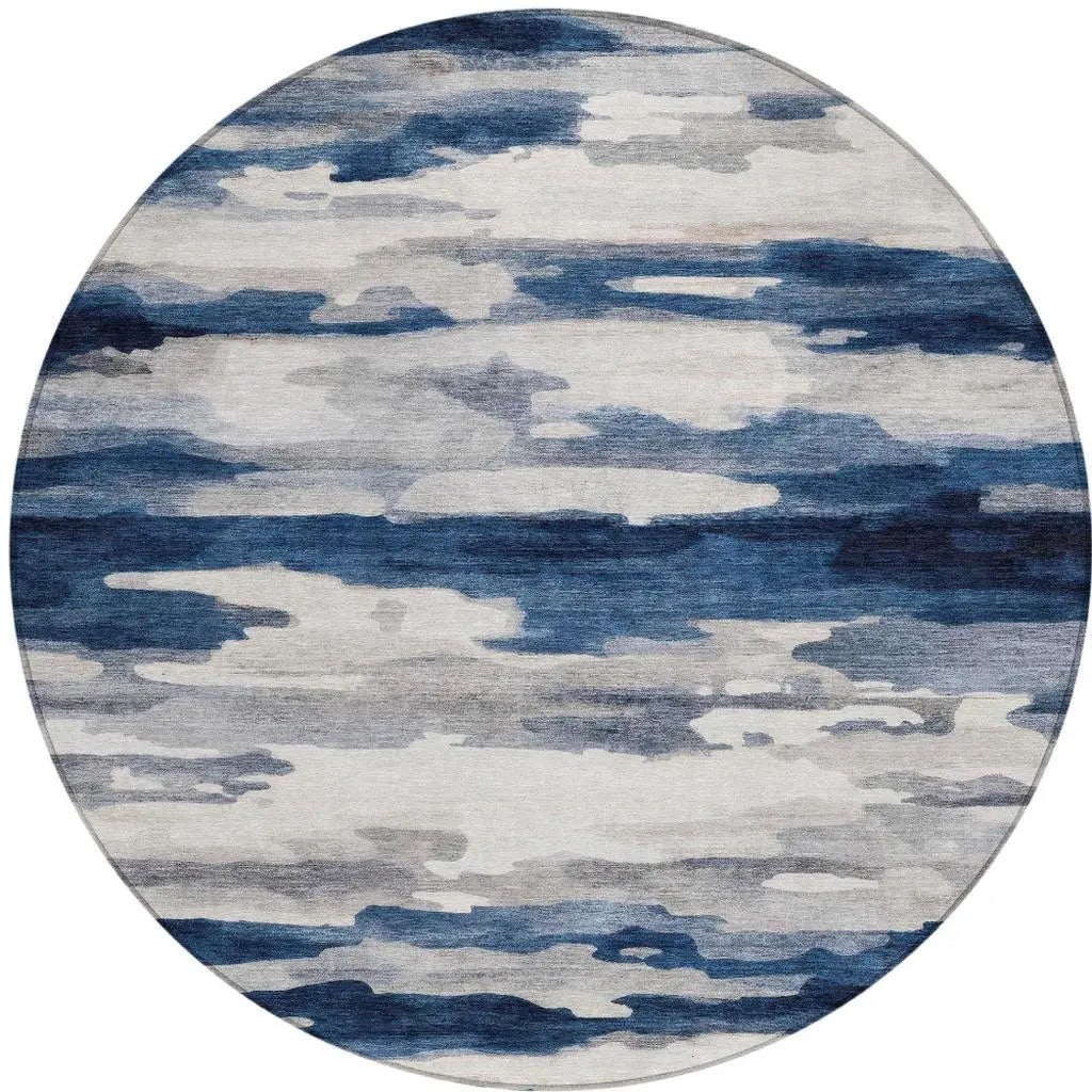 8' Blue And Silver Round Abstract Washable Indoor Outdoor Area Rug Homeroots Outdoor