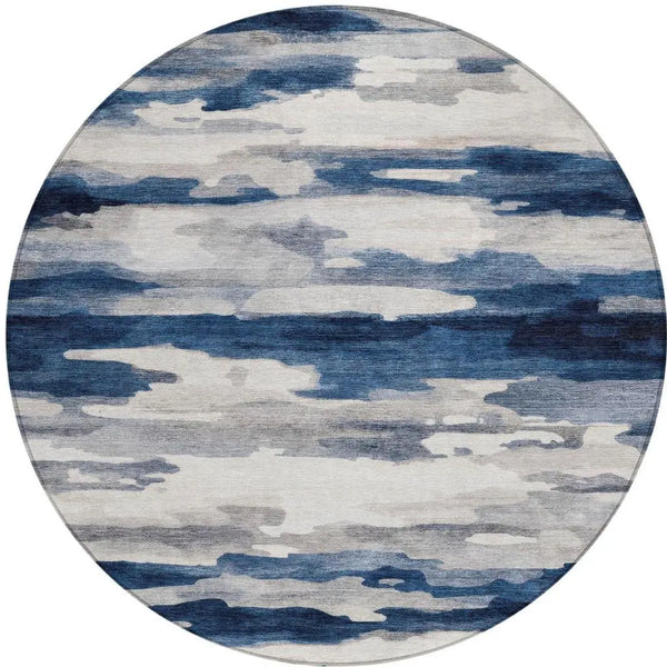 8' Blue And Silver Round Abstract Washable Indoor Outdoor Area Rug Homeroots Outdoor