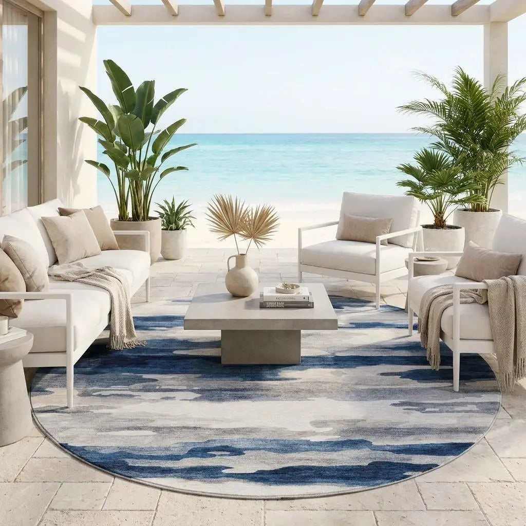 8' Blue And Silver Round Abstract Washable Indoor Outdoor Area Rug Homeroots Outdoor