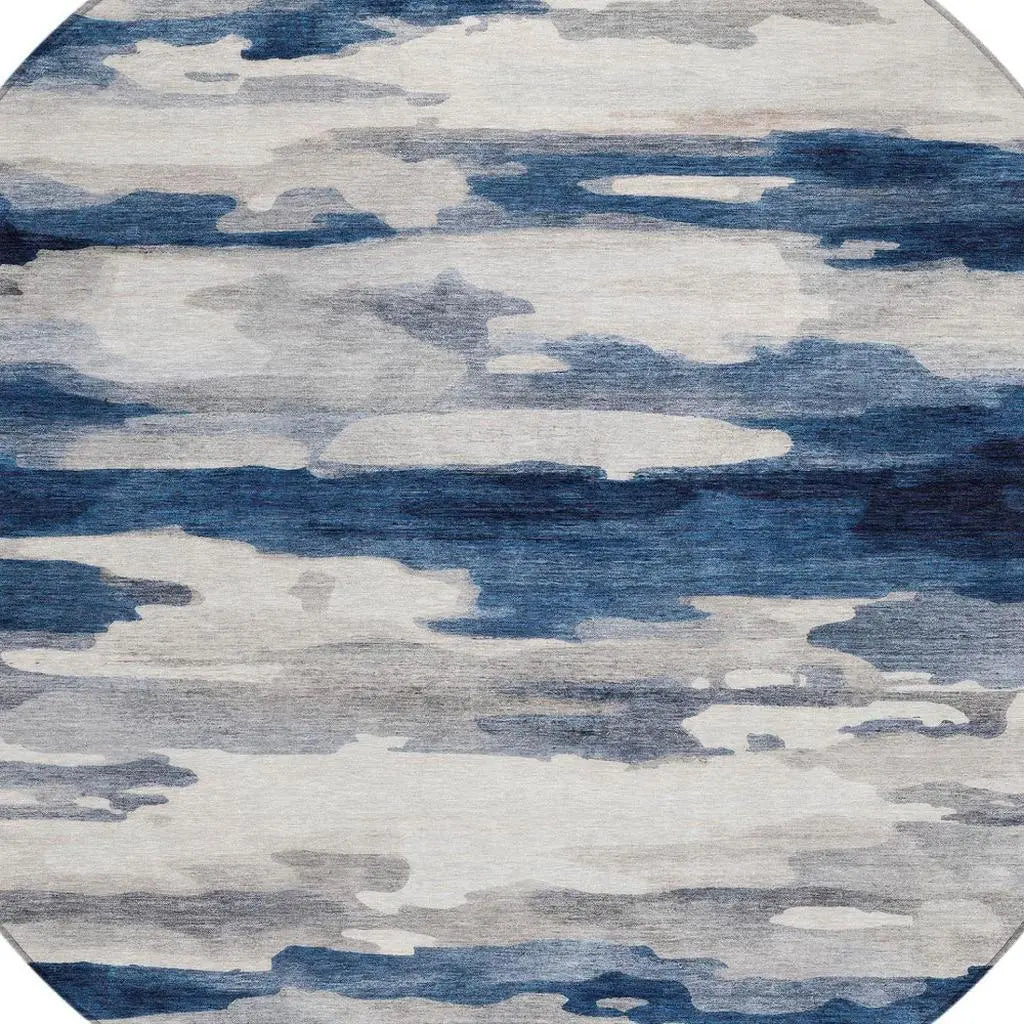 8' Blue And Silver Round Abstract Washable Indoor Outdoor Area Rug Homeroots Outdoor