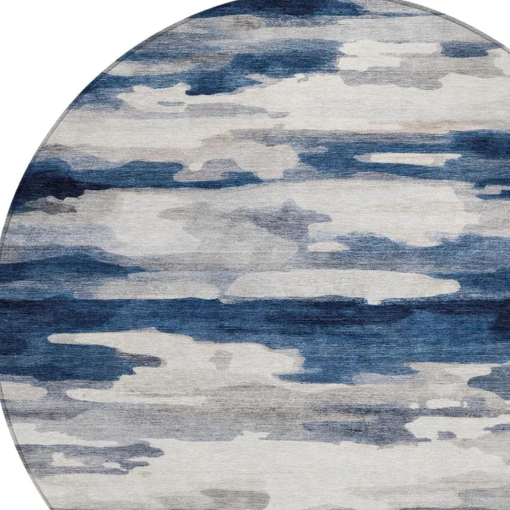8' Blue And Silver Round Abstract Washable Indoor Outdoor Area Rug Homeroots Outdoor