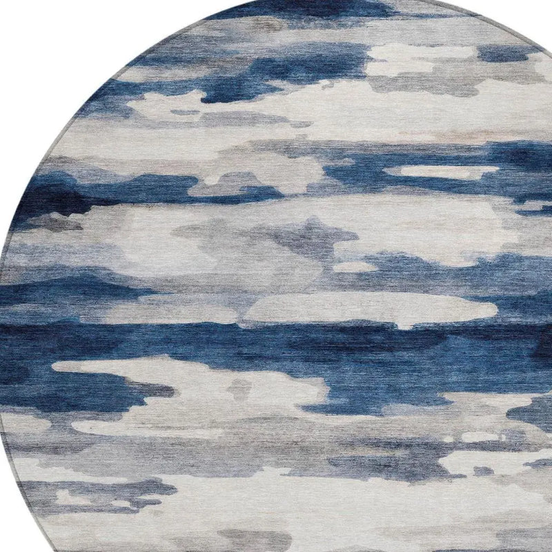 8' Blue And Silver Round Abstract Washable Indoor Outdoor Area Rug Homeroots Outdoor