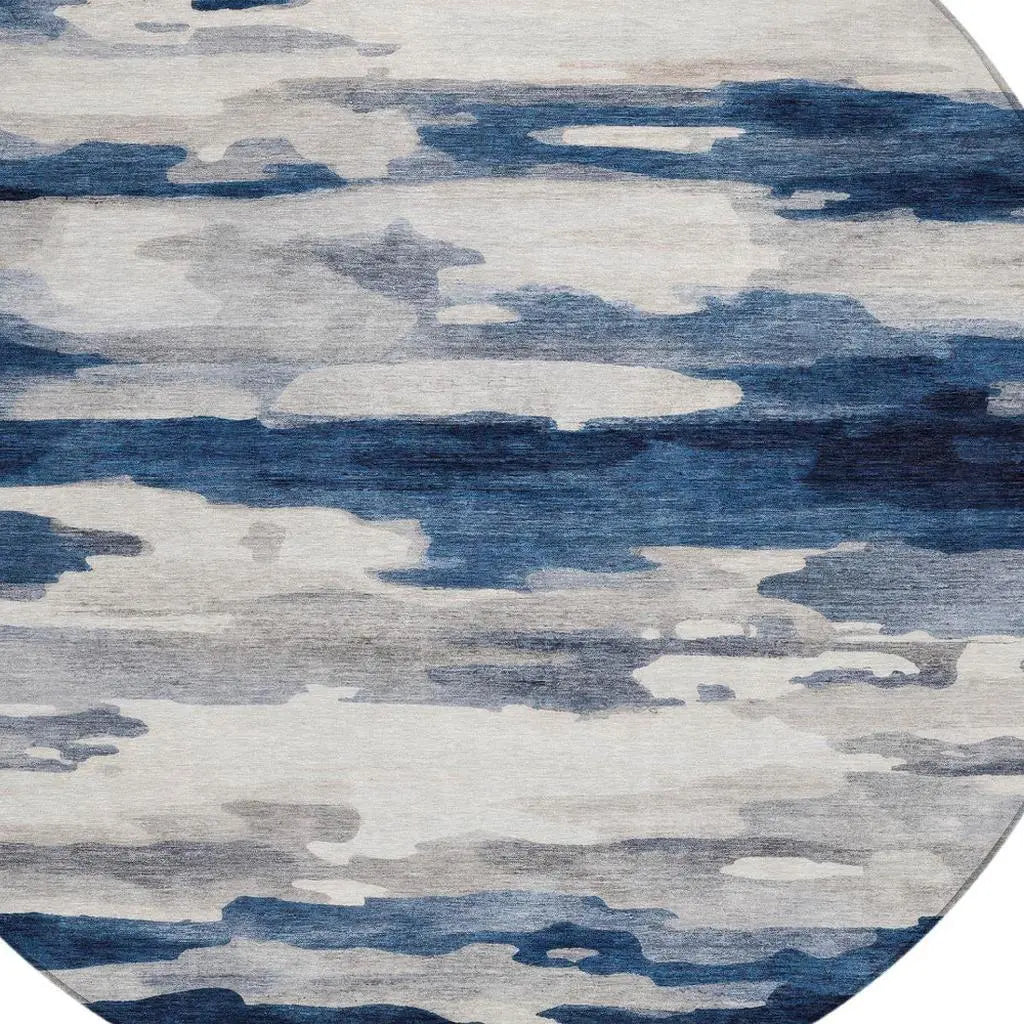 8' Blue And Silver Round Abstract Washable Indoor Outdoor Area Rug Homeroots Outdoor