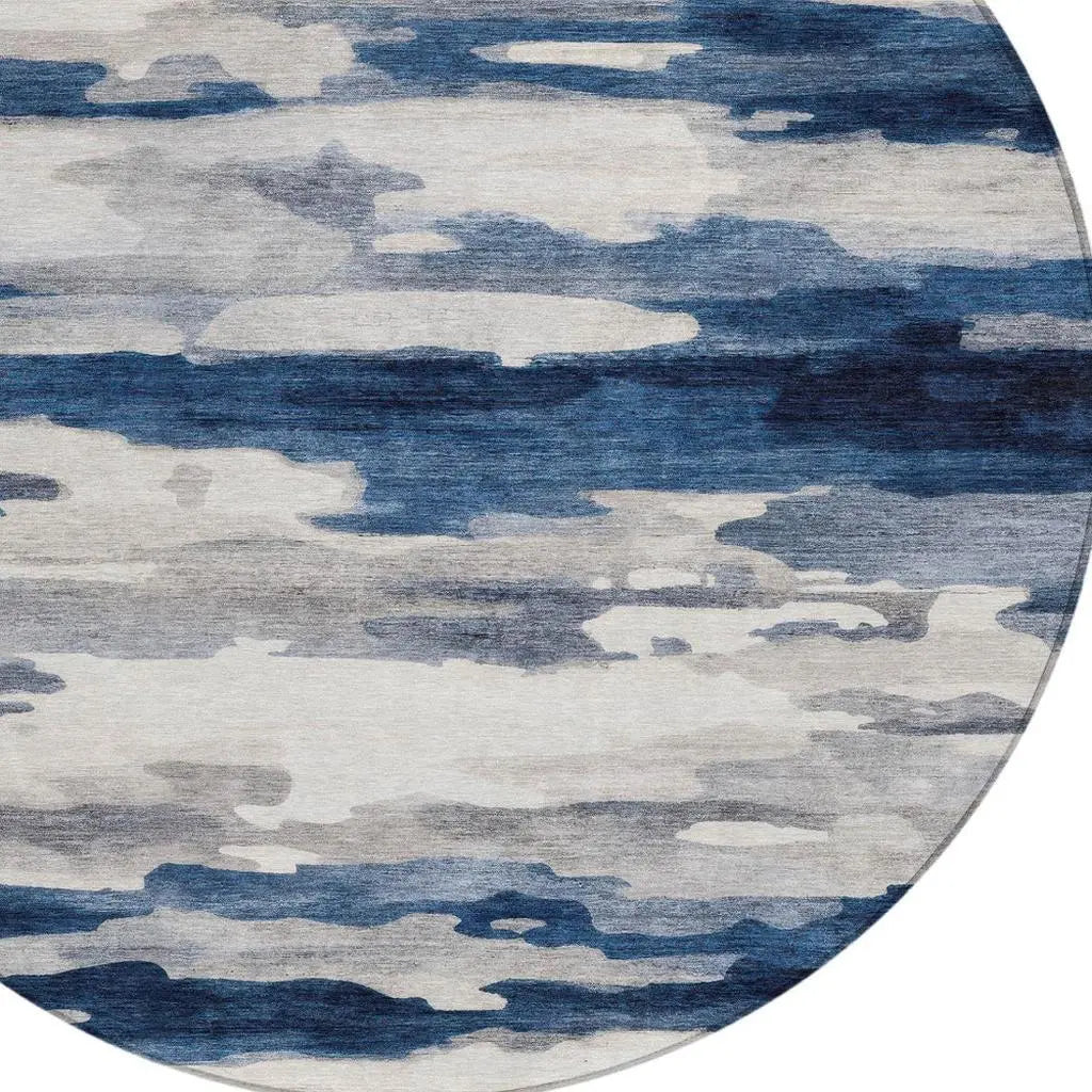 8' Blue And Silver Round Abstract Washable Indoor Outdoor Area Rug Homeroots Outdoor