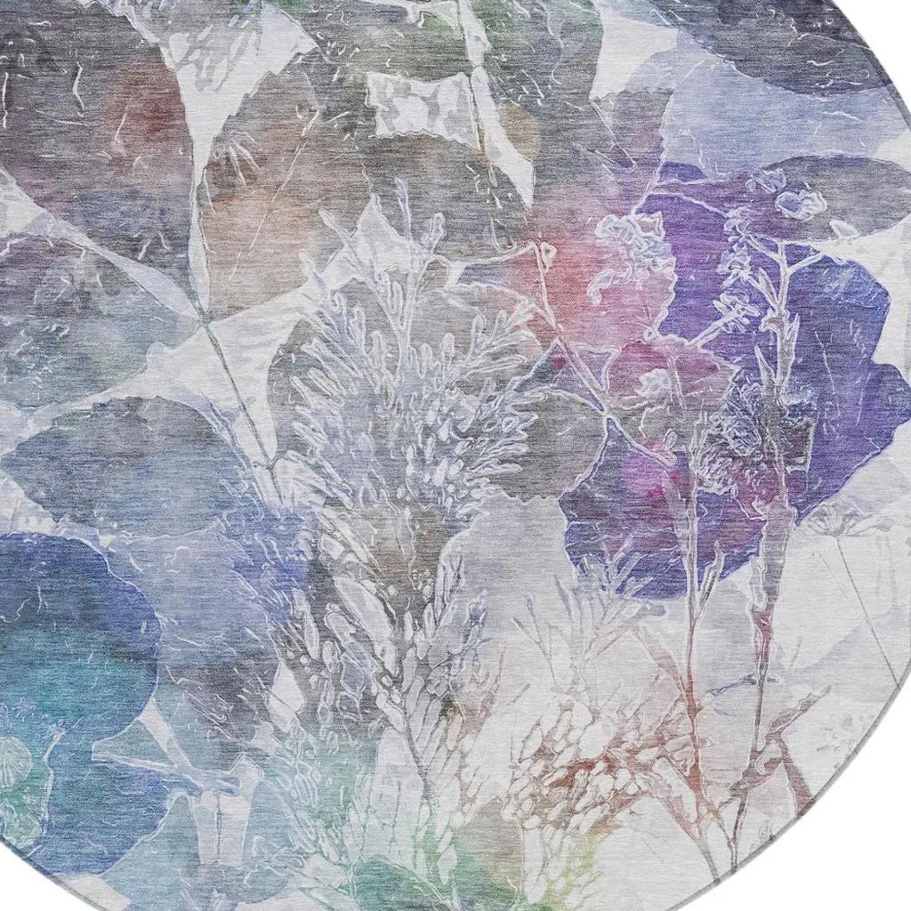 8' Blue And Silver Round Botanical Leaves Washable Indoor Outdoor Area Rug Homeroots Outdoor